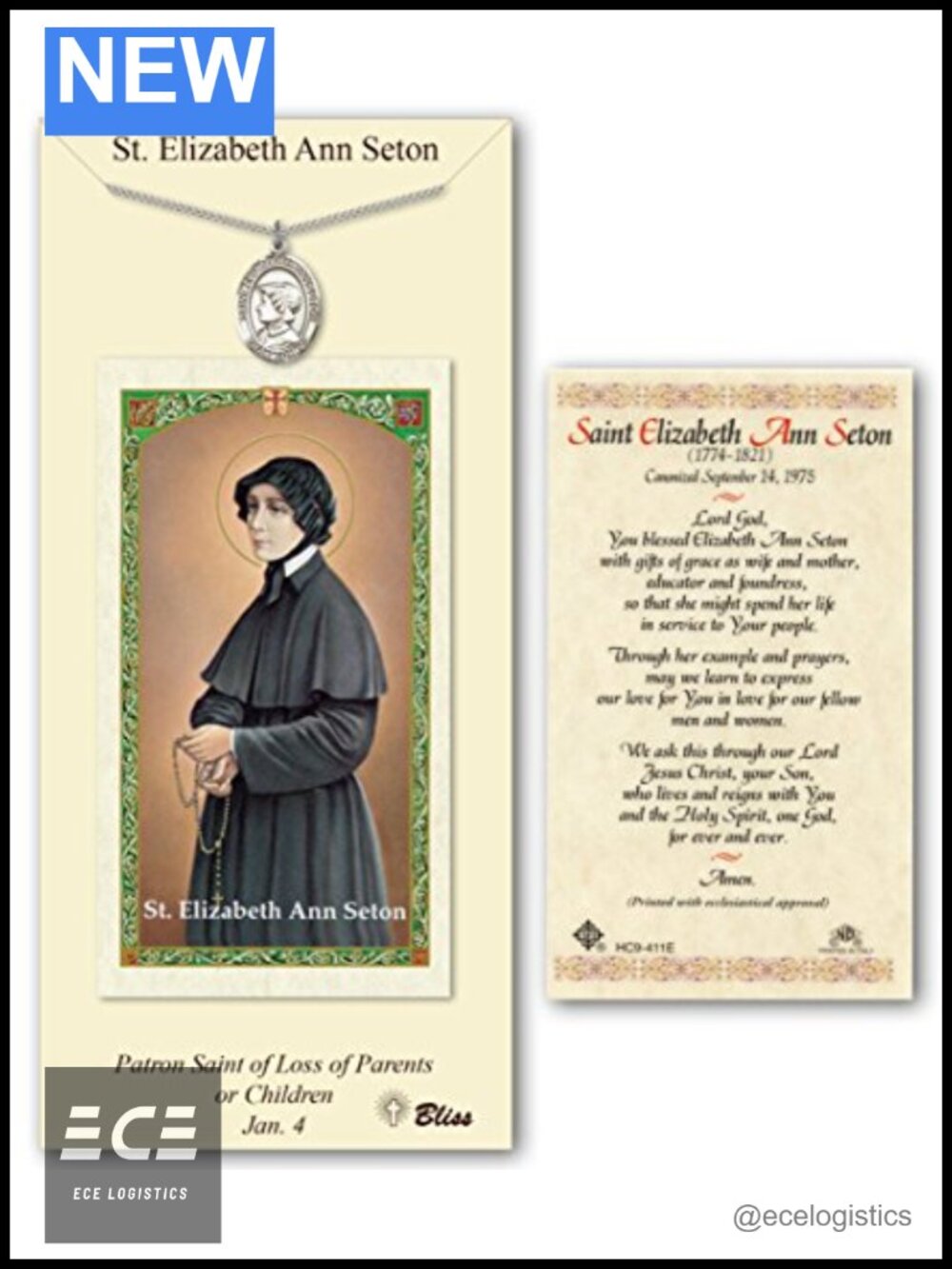 Pewter Saint Elizabeth Ann Seton Medal Necklace 18in Stainless Silver Curb Chain